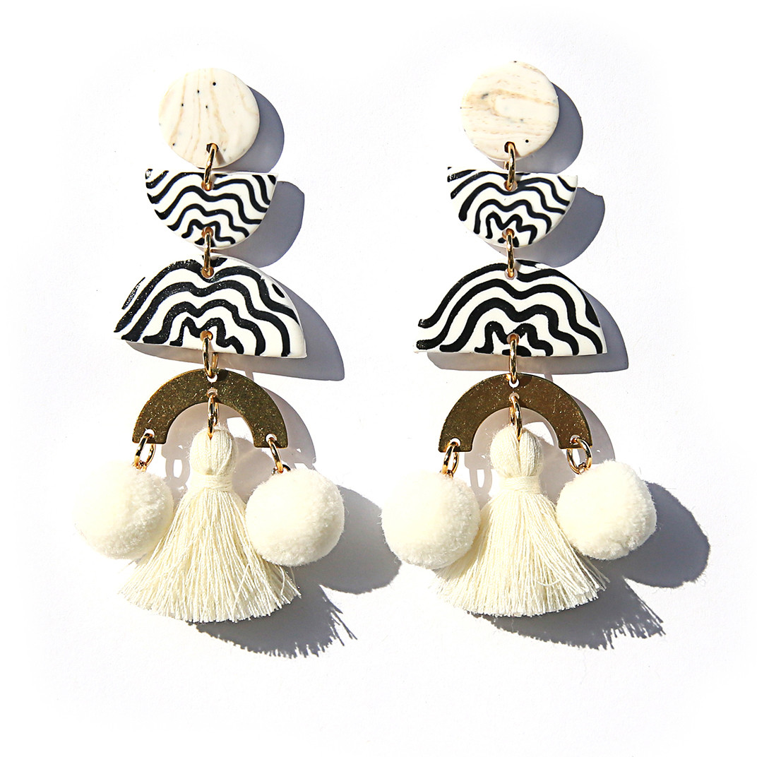 White Hand-Painted Pom Pom Drop Earrings, Kingston, tomfoolery