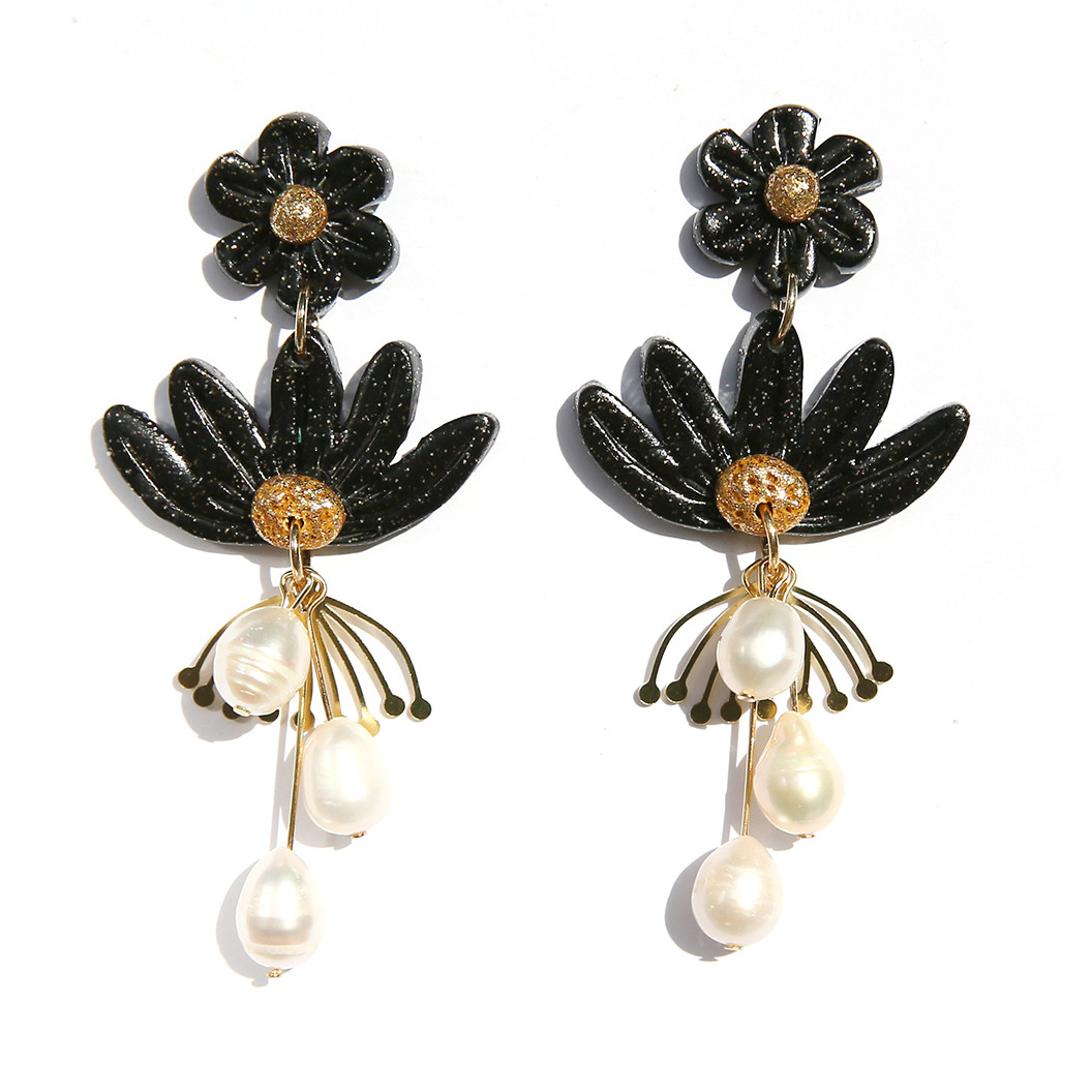 Black Flower & Pearl  Drop Earrings, Kingston, tomfoolery