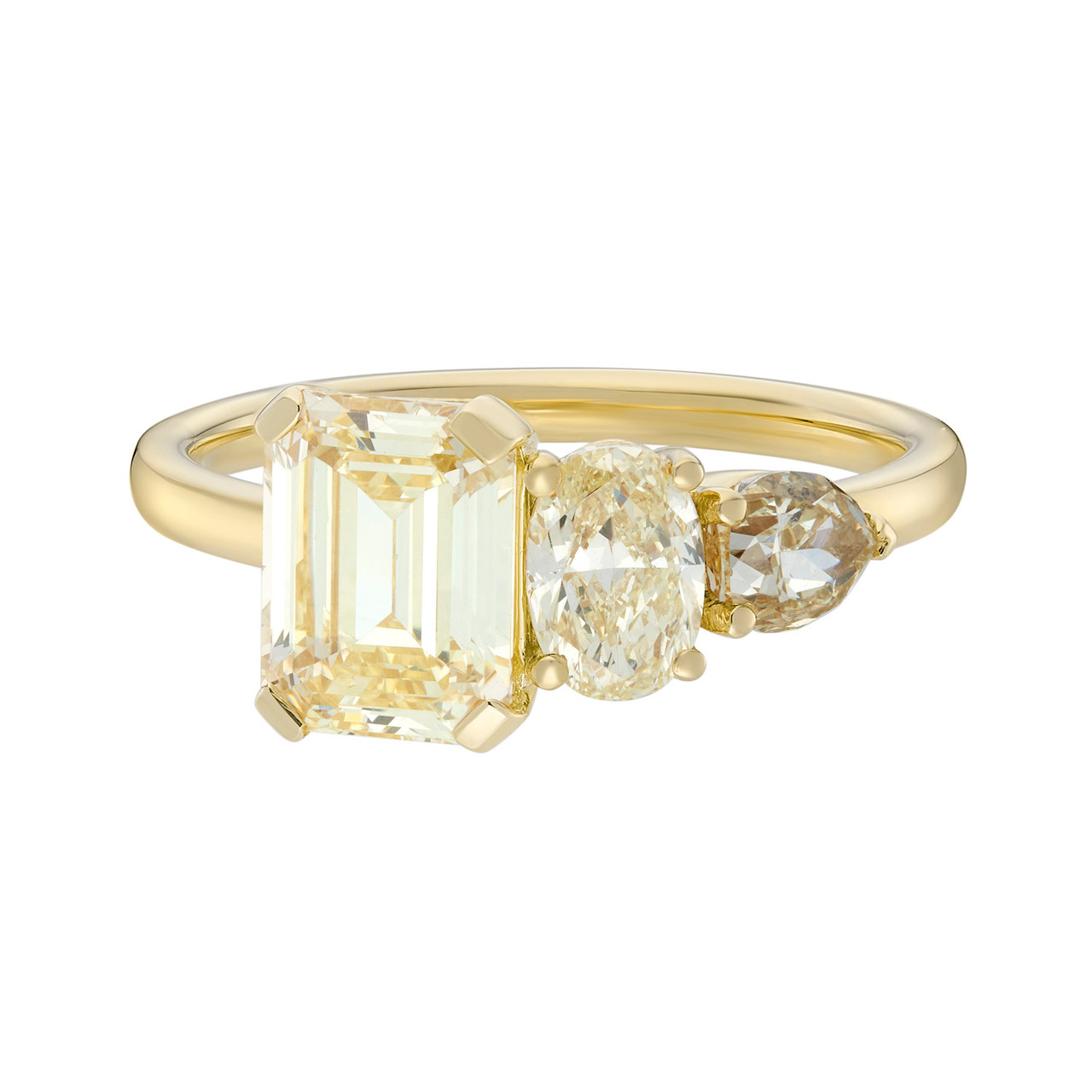 TRIO Emerald Cut Yellow Diamond Asymmetrical Three Stone Ring, tf House - Infinite, tomfoolery