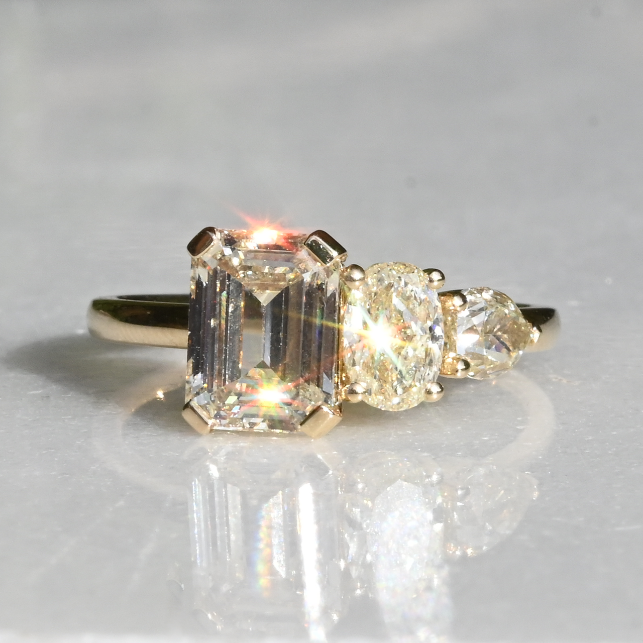 TRIO Emerald Cut Yellow Diamond Asymmetrical Three Stone Ring, tf House - Infinite, tomfoolery