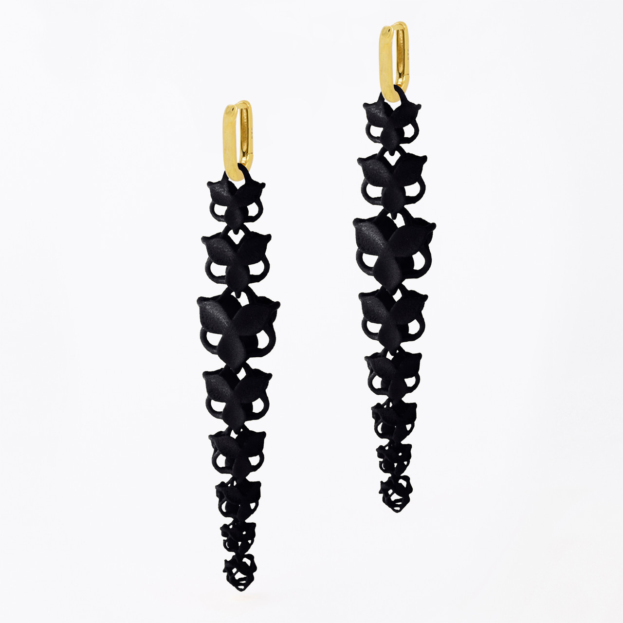 Black 3D Printed Blossom Drop Earrings, Bolternstern, tomfoolery