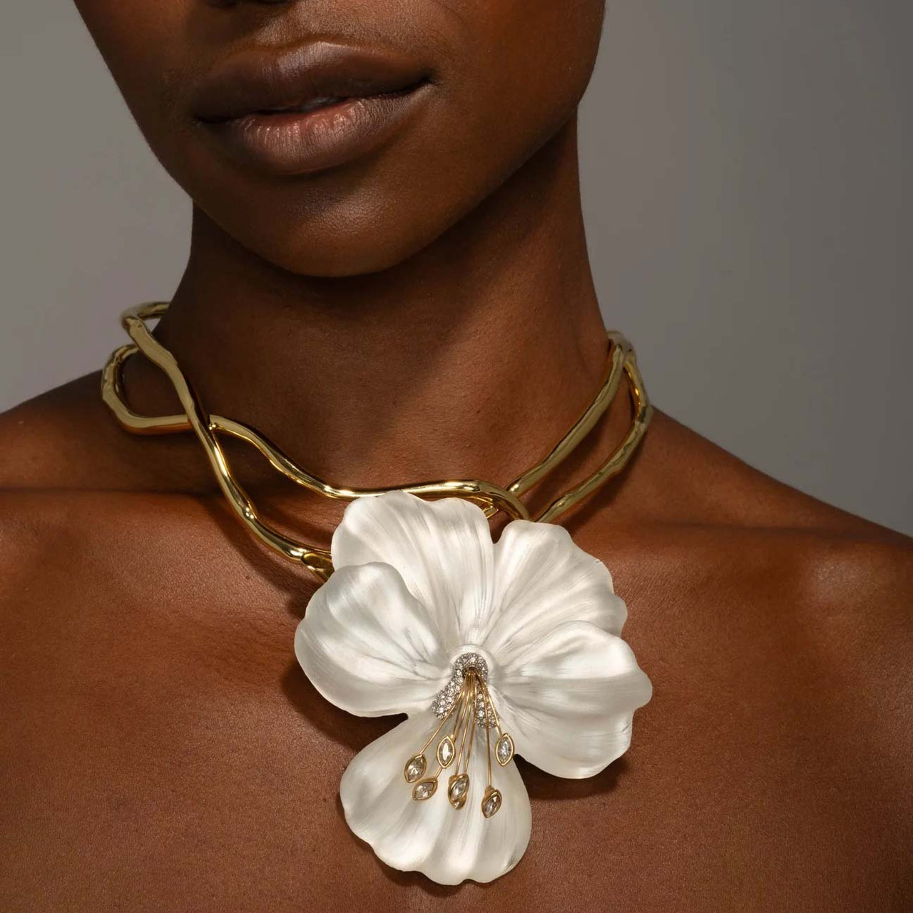 White Pansy Lucite Vine Collar Necklace, Alexis Bittar, tomfoolery