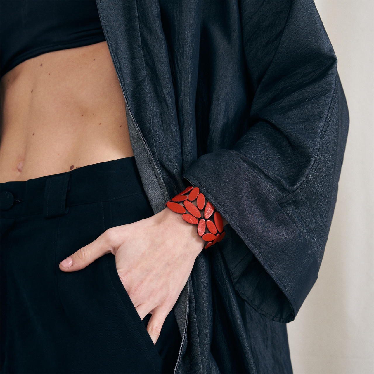 Red Leather Leaves Statement Bracelet, Iskin Sisters, tomfoolery