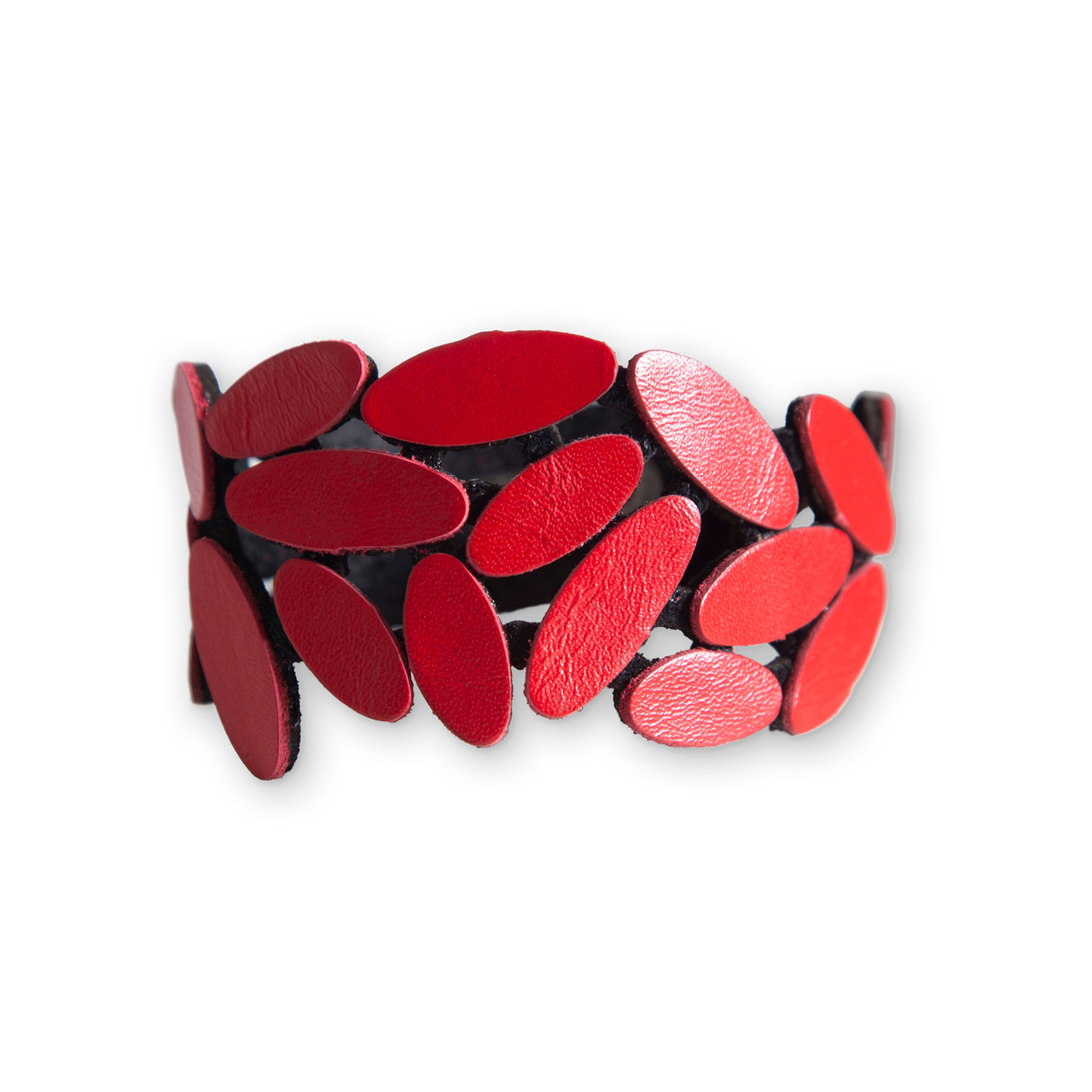 Red Leather Leaves Statement Bracelet, Iskin Sisters, tomfoolery