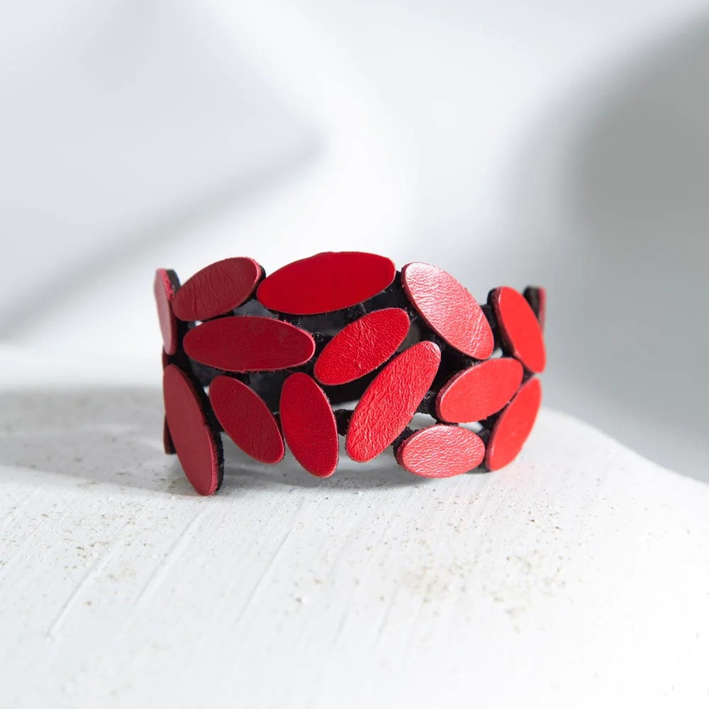 Red Leather Leaves Statement Bracelet, Iskin Sisters, tomfoolery