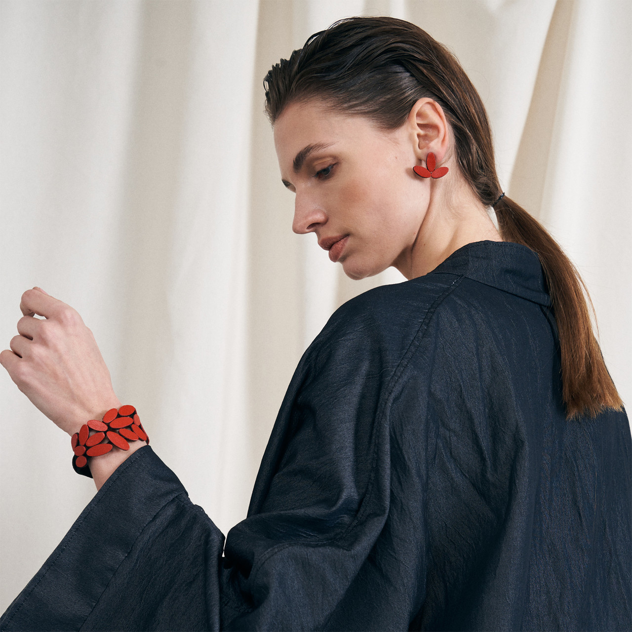 Red Leather Leaves Earrings, Iskin Sisters, tomfoolery