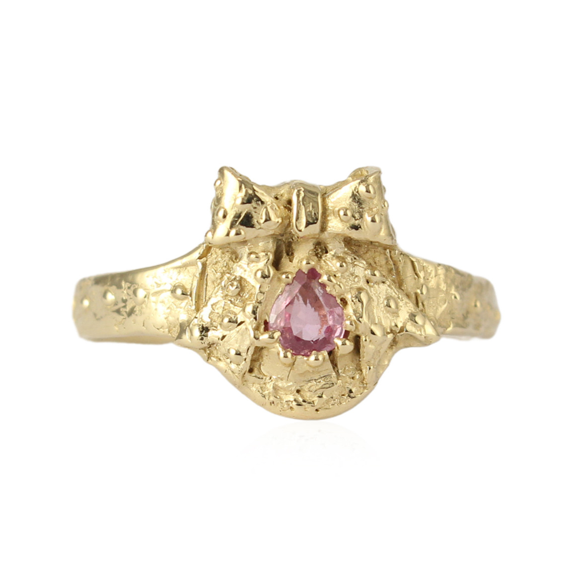 One-Of-A-Kind Pink Sapphire Bow Shield Ring, Momocreatura, tomfoolery