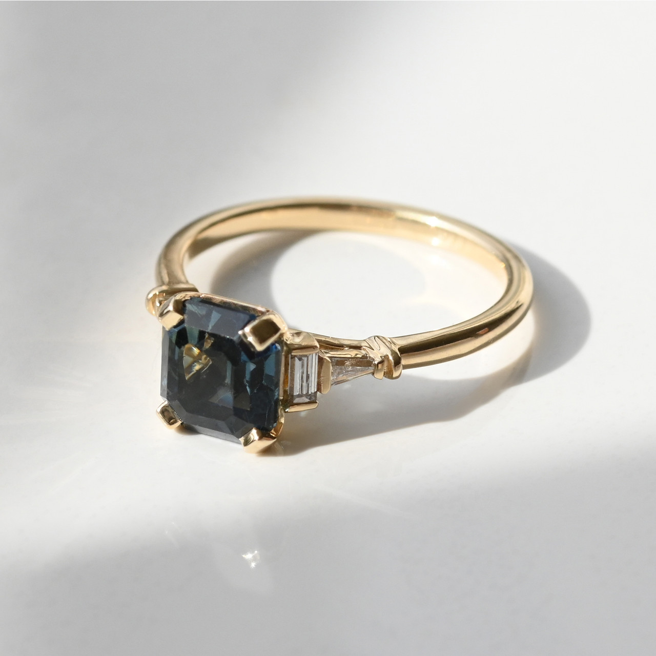 Lyon Teal Sapphire and Tapered Diamond Ring, tf House - Art Echo, tomfoolery