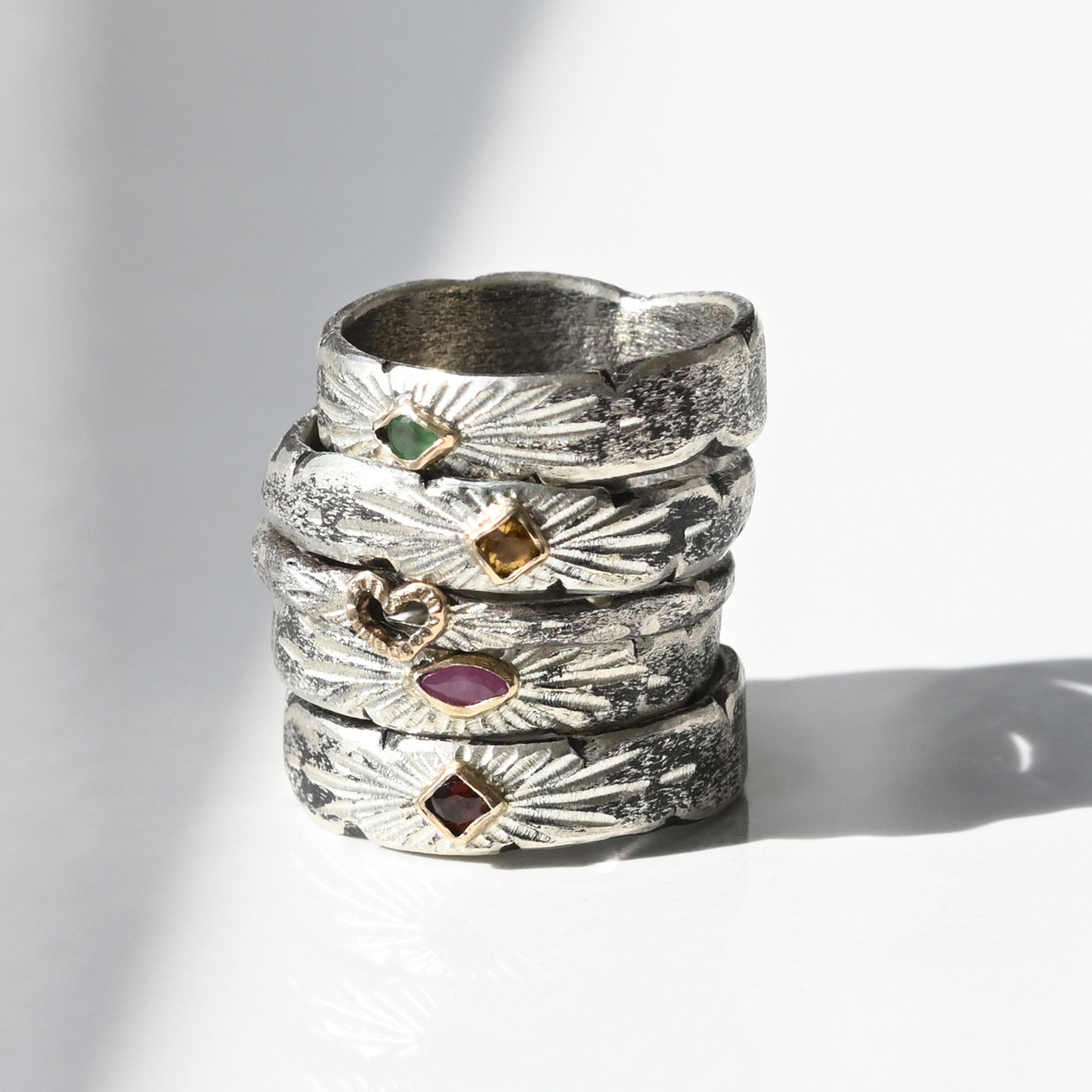 Rustic Silver Signature Band with Garnet, Franny E, tomfoolery