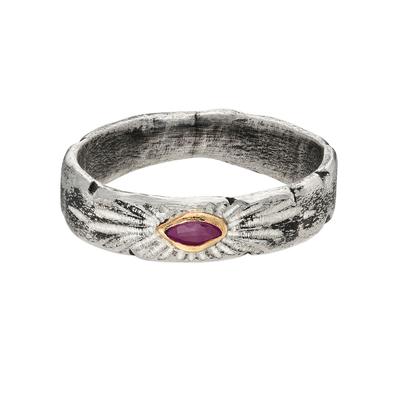 Rustic Silver Signature Band with Ruby, Franny E, tomfoolery