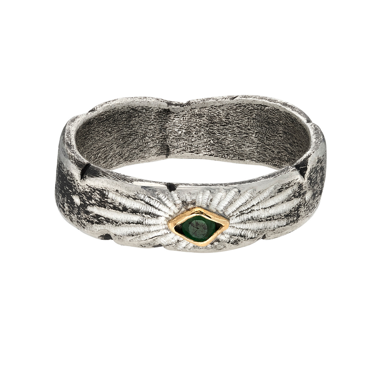 Rustic Silver Signature Band with Emerald, Franny E, tomfoolery