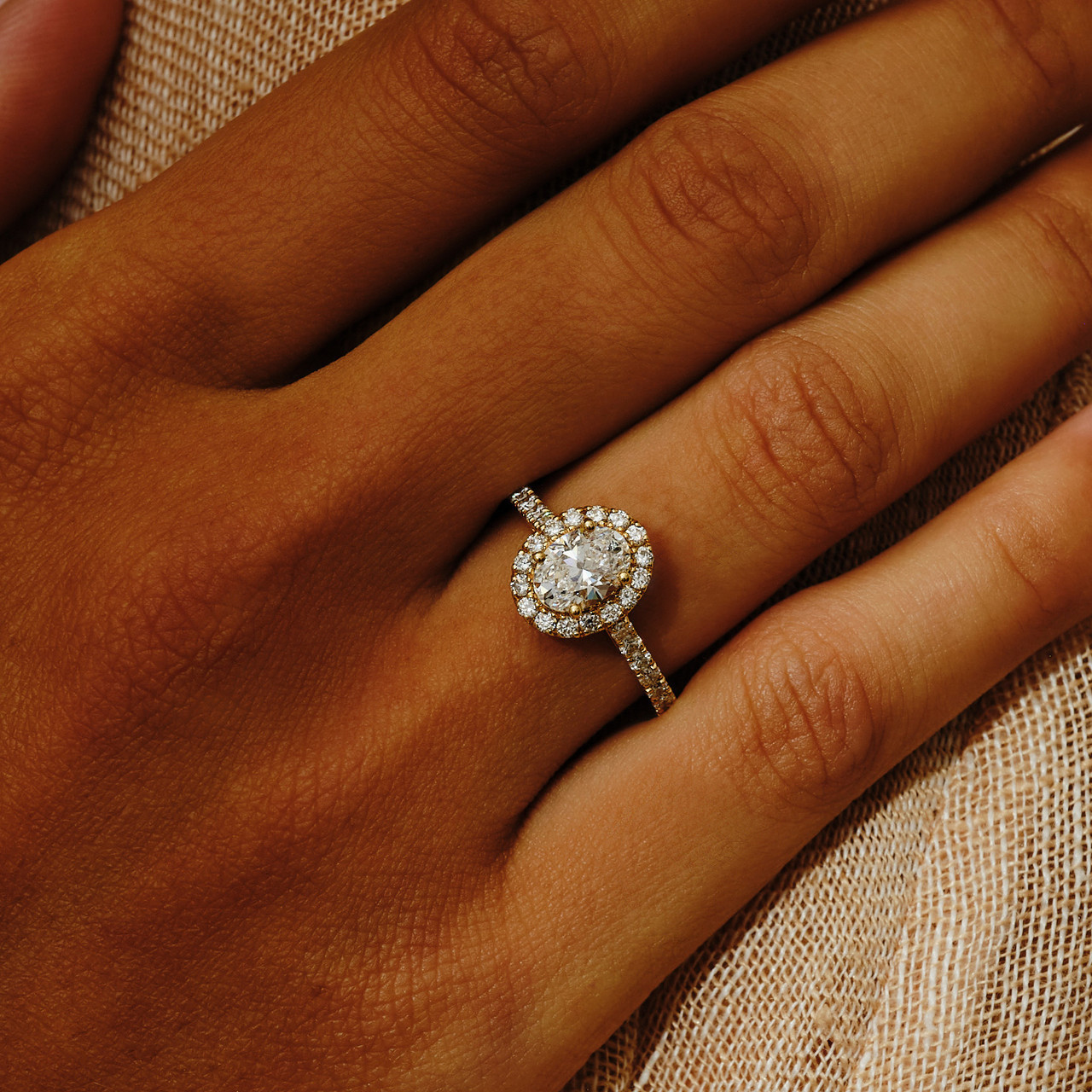 Lab Oval Diamond Halo Yellow Gold Ring Tomfoolery London