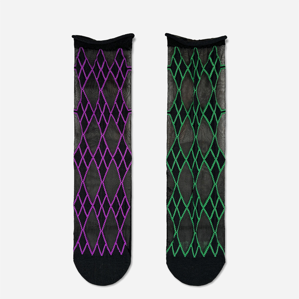 Purple & Green Rim Argyle Tulle Socks