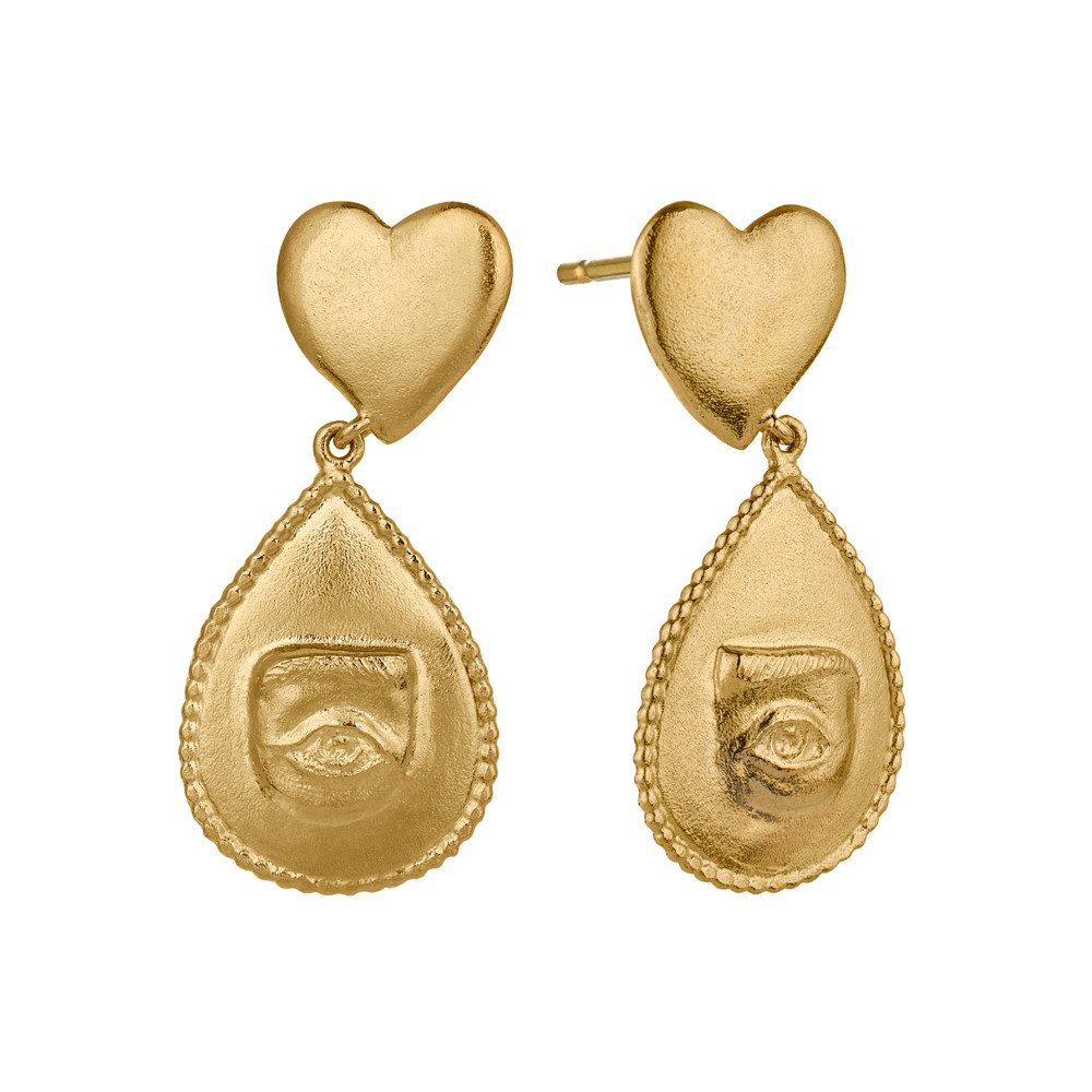 Gold Bewitched Heart Drop Earrings with Eye Teardrop, Alex Monroe, tomfoolery