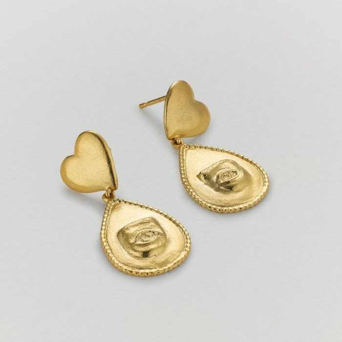 Gold Bewitched Heart Drop Earrings with Eye Teardrop, Alex Monroe, tomfoolery