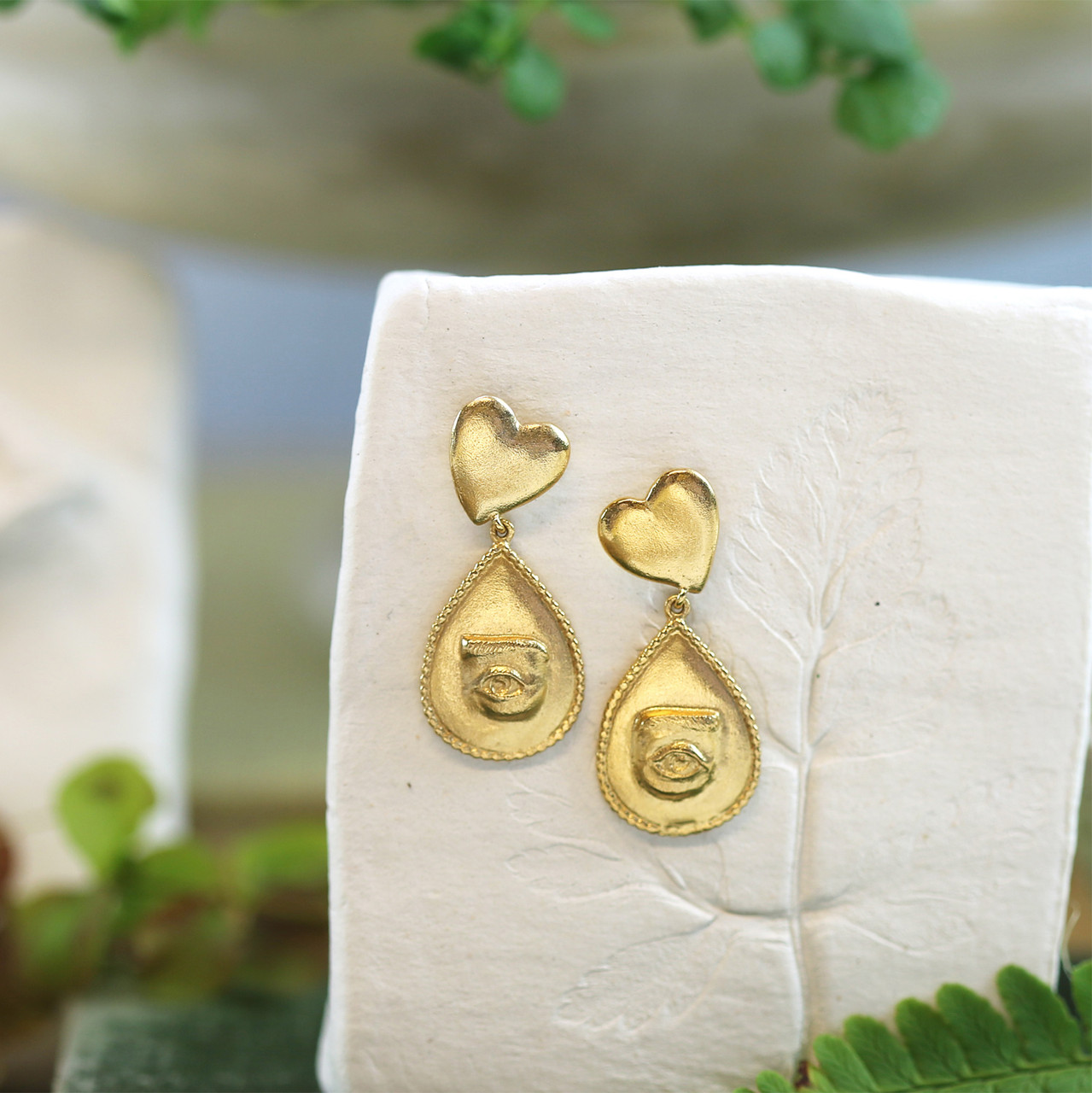 Gold Bewitched Heart Drop Earrings with Eye Teardrop, Alex Monroe, tomfoolery