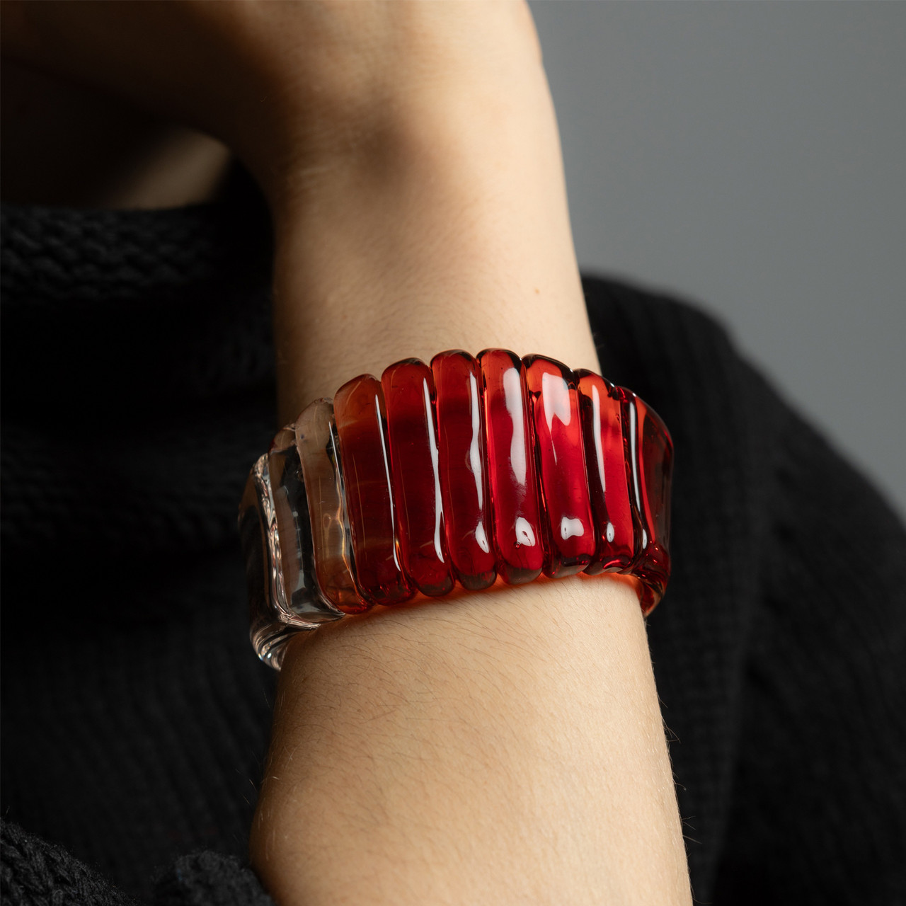 Pomegranate Red Wide Ribbed Glass Cuff, KEANE, tomfoolery