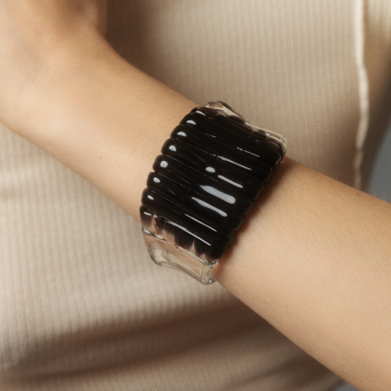 Jet Black Wide Ribbed Glass Cuff, KEANE, tomfoolery