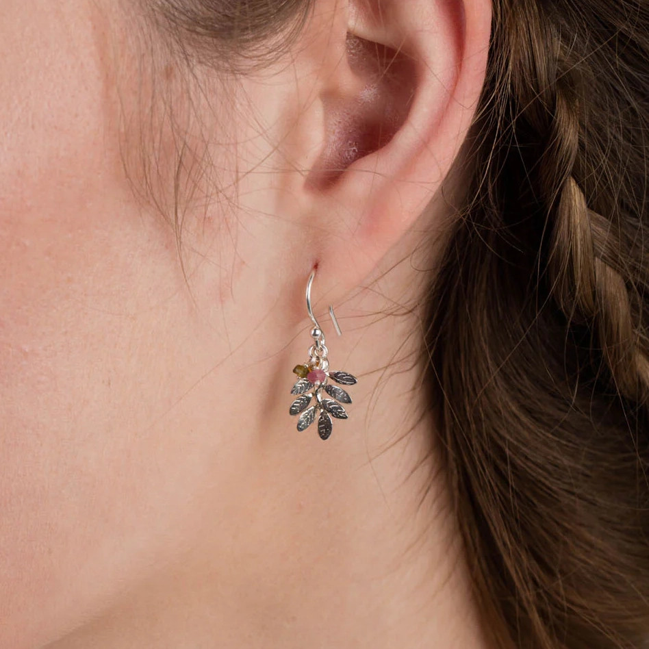 Silver Leaves & Tourmaline Hook Earrings, Amanda Coleman, tomfoolery