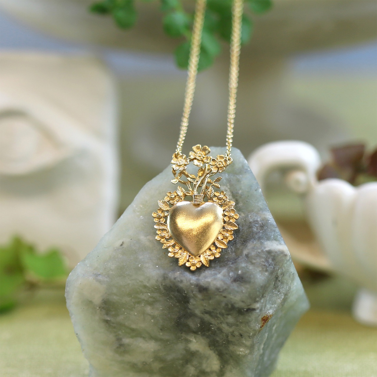 Gold Floral Sacred Heart Necklace, Alex Monroe, tomfoolery