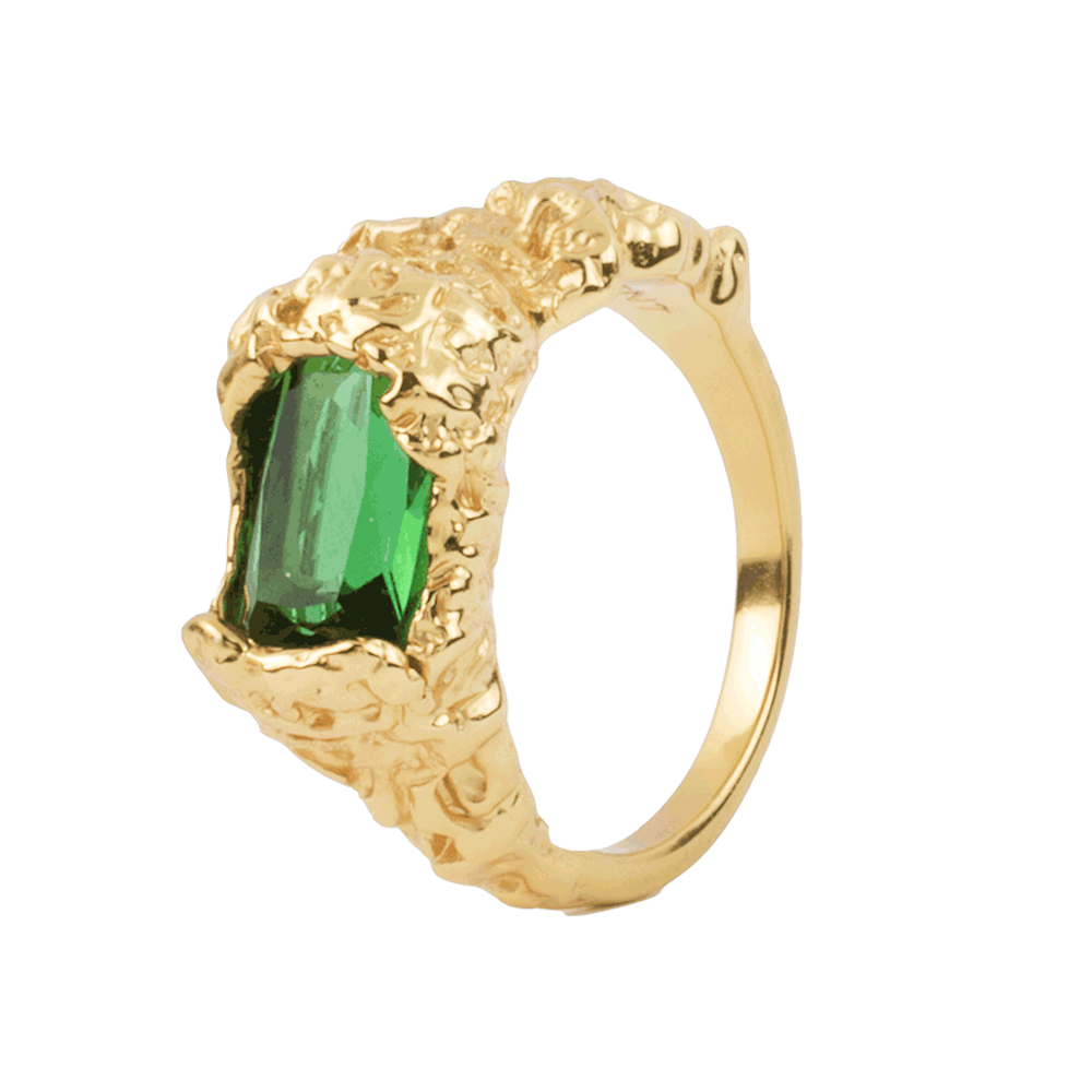 Gold Green Crystal Stolen Possession Ring Tomfoolery London