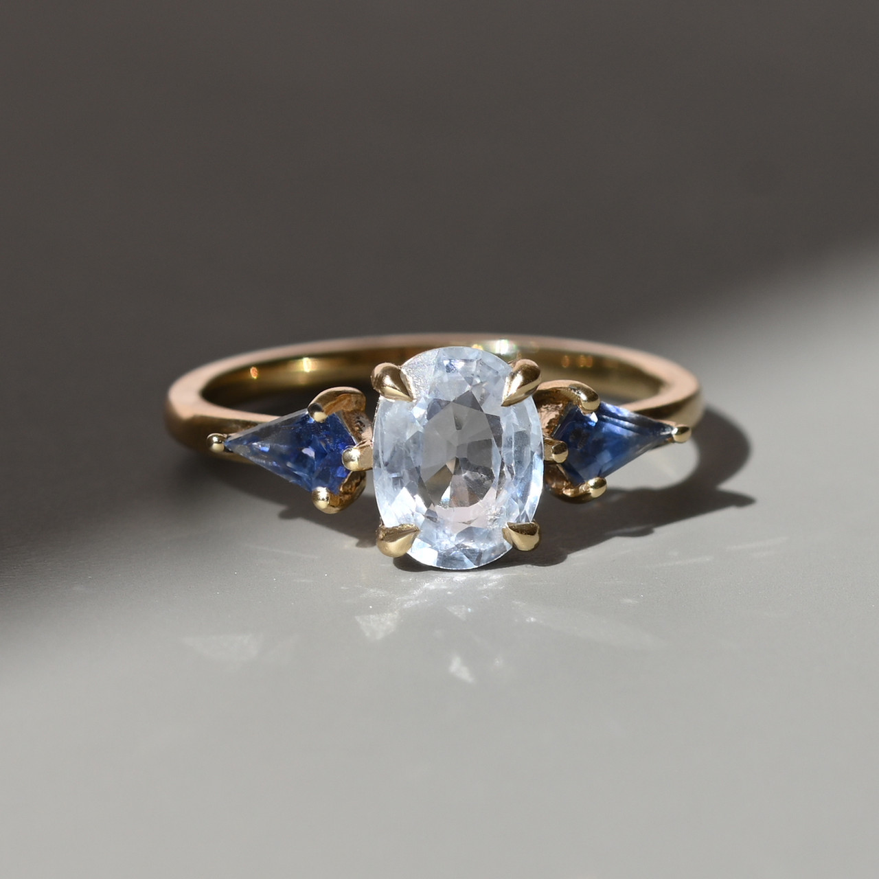 TRIO Ice Blue Sapphire & Kite Three Stone Ring - Tomfoolery London
