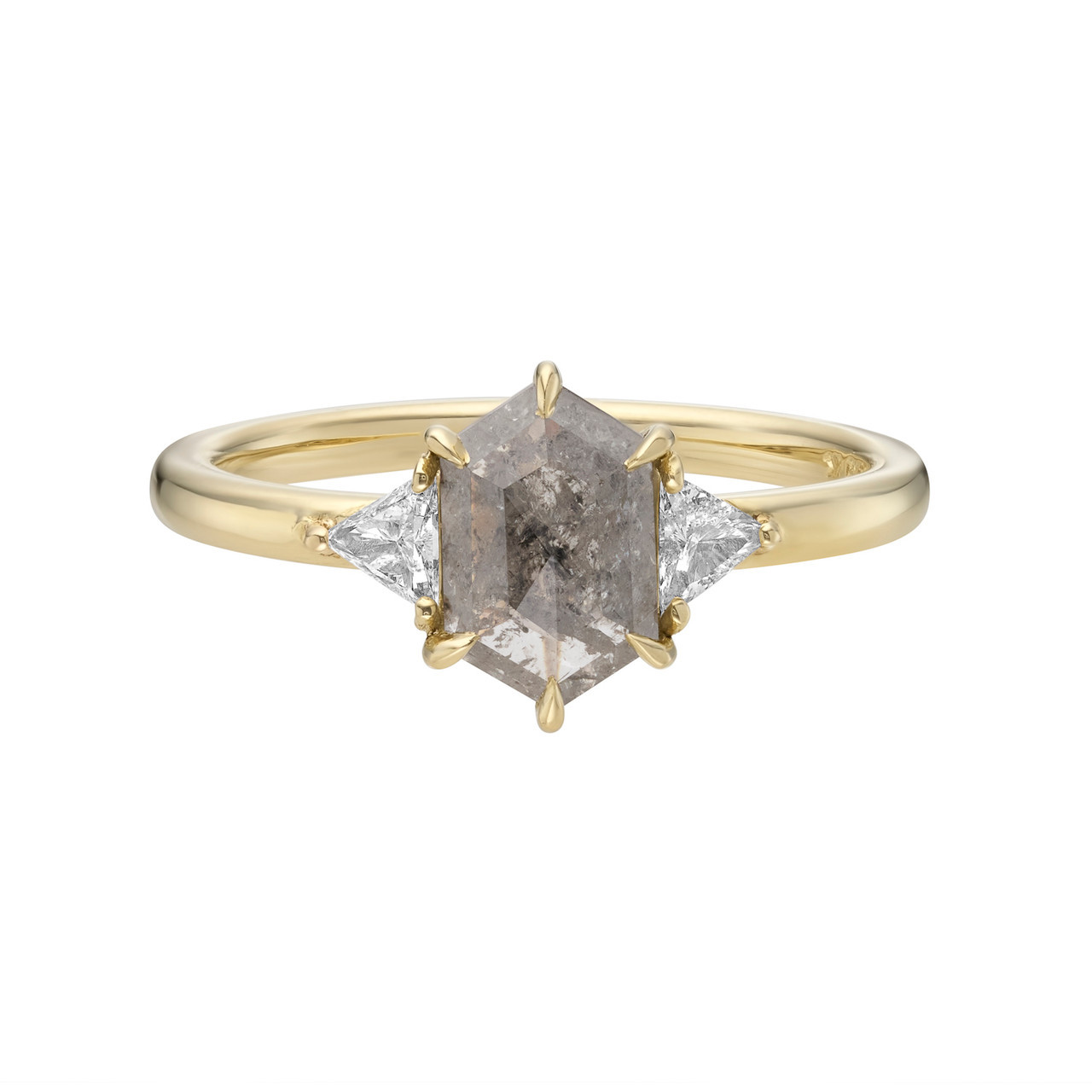 TRIO Salt Pepper Grey Hex Rose Cut Diamond Three Stone Ring
