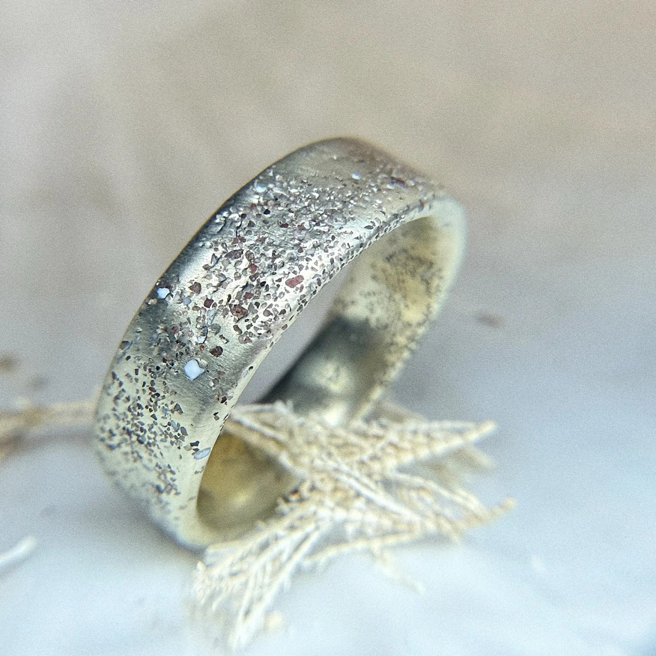 White Gold Wide Sand Scatter Band Tomfoolery London