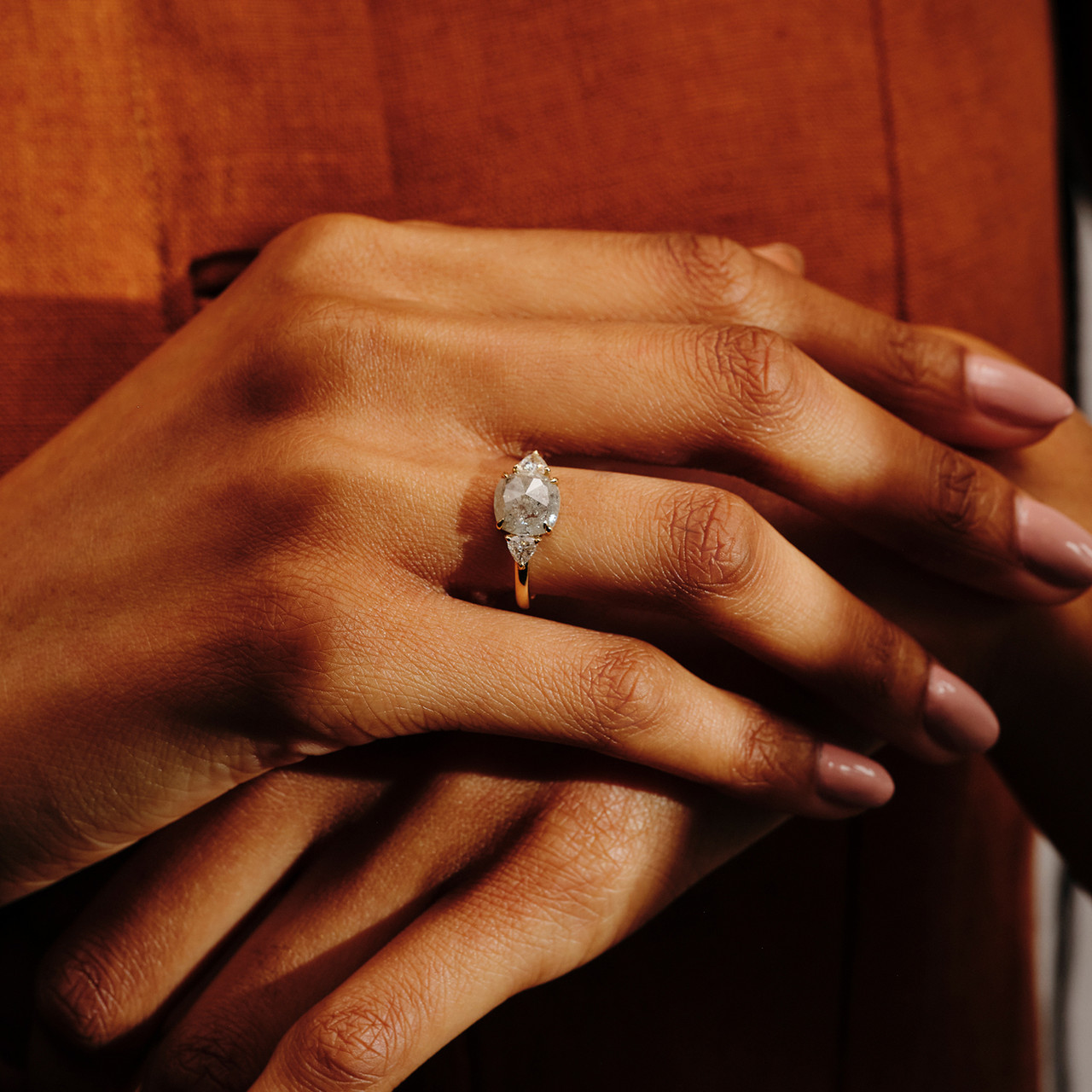 TRIO Cushion Cut Salt Pepper Diamond Three Stone Ring