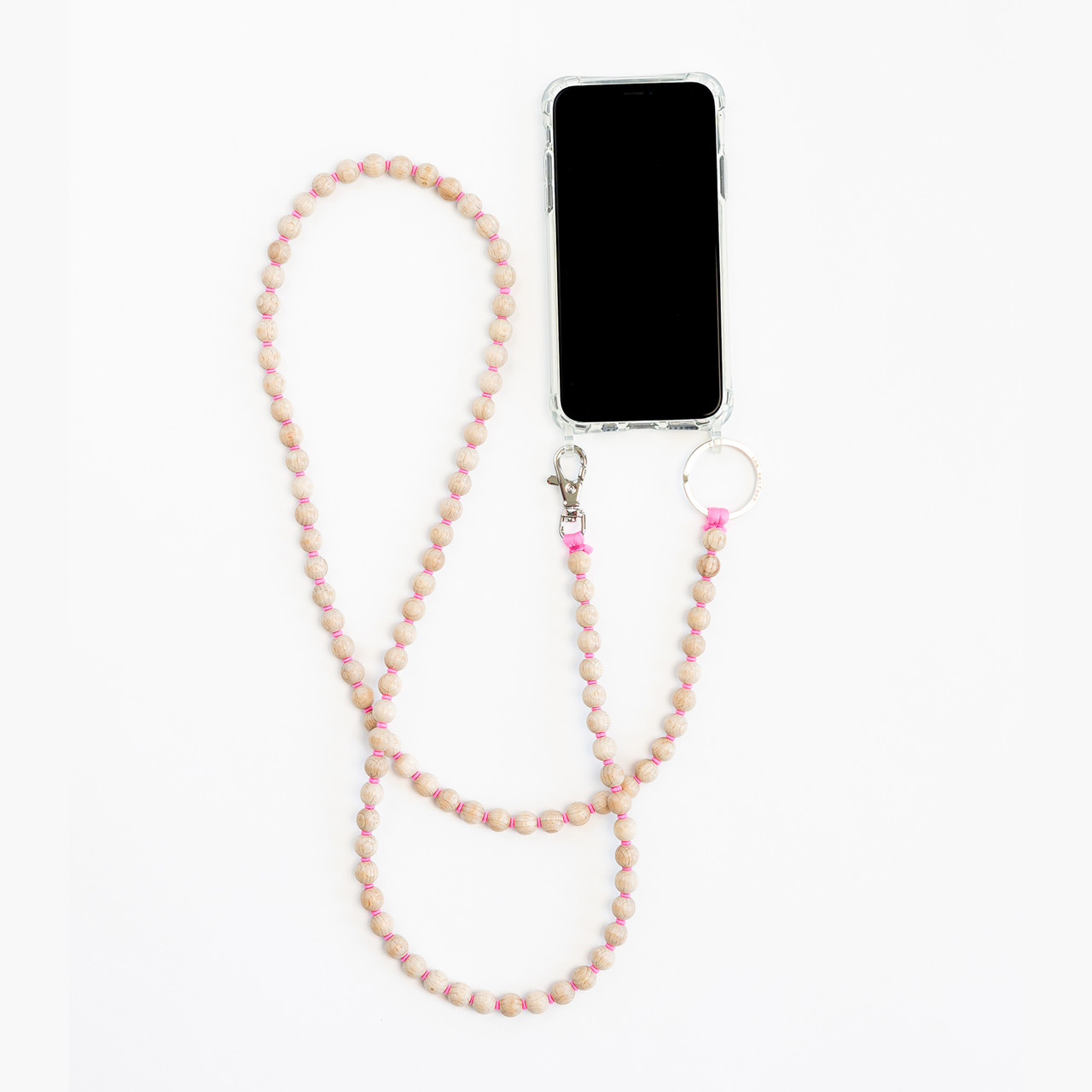 Natural & Pink Perlen Wooden Beaded iPhone Necklace & Keychain
