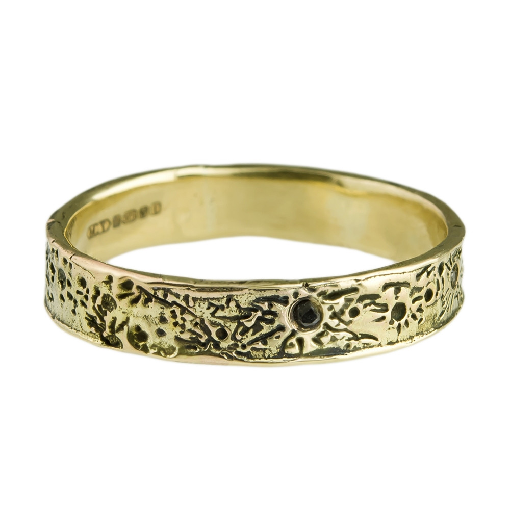 Momocreatura, Black Diamond & 9ct Yellow Gold Wide Moon Crater Textured Ring, Tomfoolery