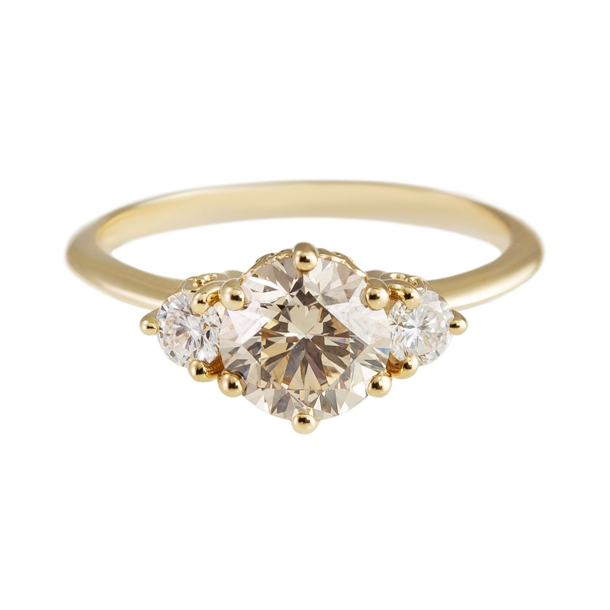 Anna Sheffield, Hazeline 14ct Yellow Gold Three Stone Champagne & White Diamond Ring, Tomfoolery