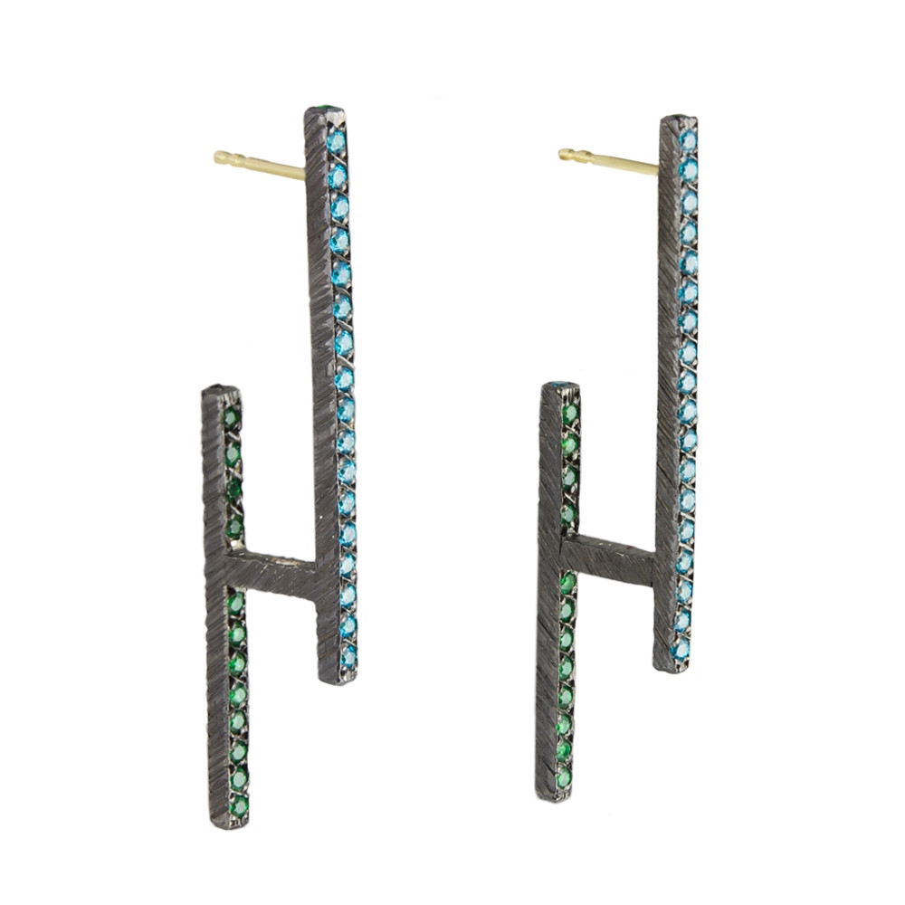 Maria Frantzi, Blue & Green Zircon Oxidised Silver Drop Earrings, Tomfoolery