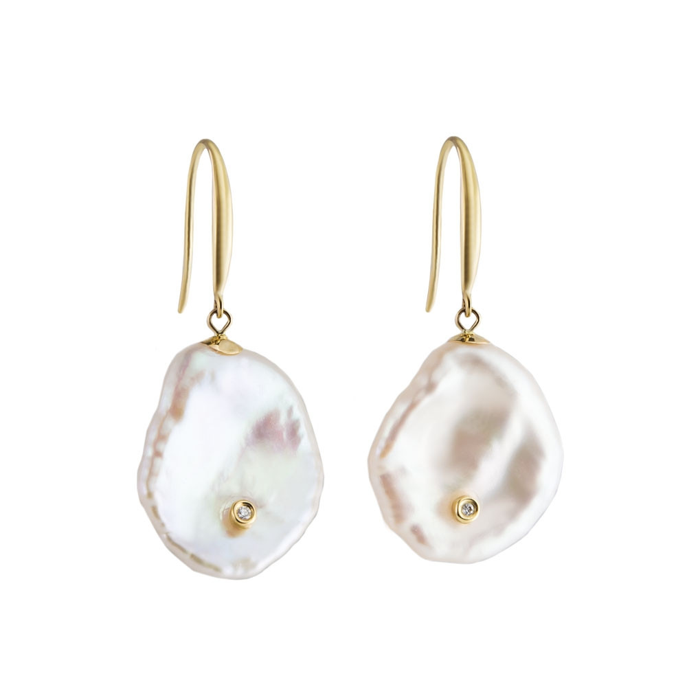 tf Pearls, Diamond Set Keshi Pearl Drop Earrings, Tomfoolery