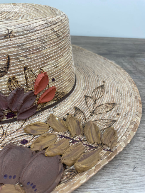 Brown and Rust Hand Painted Straw Hat with Puffy Paint