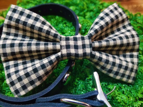 Black & Beige Gingham handmade pet bow tie with double elastic loops for dog collar attachment