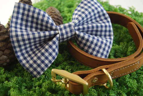 Dark Blue Gingham handmade pet bow tie with double elastic loops for dog collar attachment
