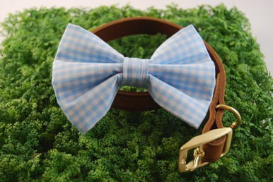 Light Blue Gingham handmade pet bow tie with double elastic loops for dog collar attachment