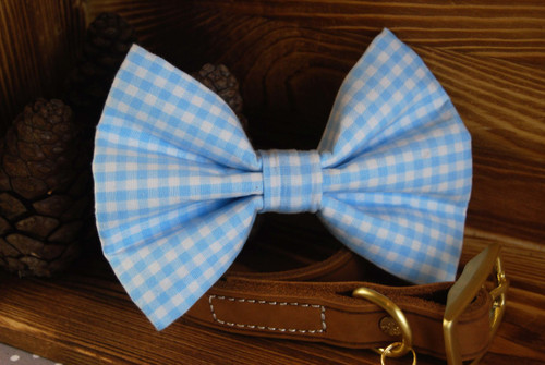 Light Blue Gingham handmade pet bow tie with double elastic loops for dog collar attachment