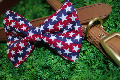 Star Spangled handmade pet bow tie with double elastic loops for dog collar attachment