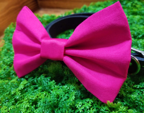 Solid pink handmade pet bow tie with double elastic loops for dog collar attachment