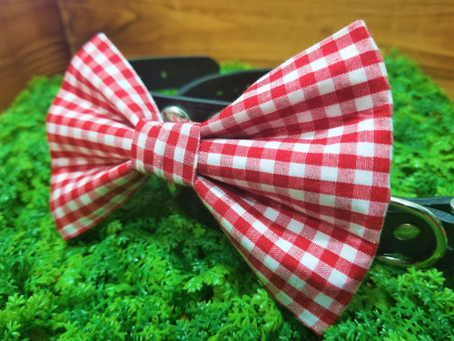 Red Gingham handmade pet bow tie with double elastic loops for dog collar attachment