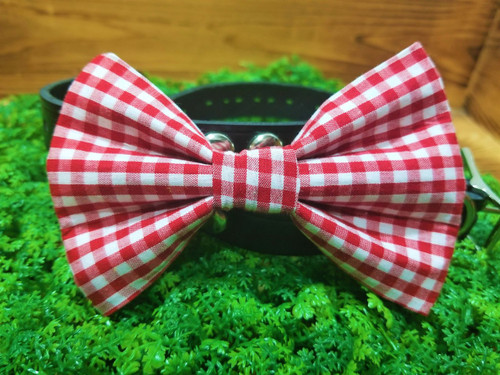 Red Gingham handmade pet bow tie with double elastic loops for dog collar attachment