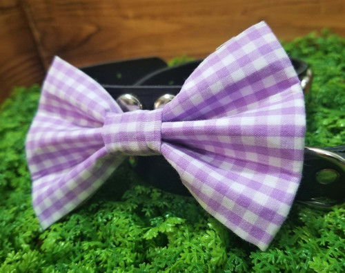 Purple gingham handmade pet bow tie with double elastic loops for dog collar attachment