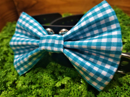 Blue Gingham handmade pet bow tie with double elastic loops for dog collar attachment