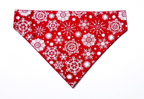 Snowflakes and Candy Canes over the collar dog bandana, handmade slip-on style no-tie pet accessory.