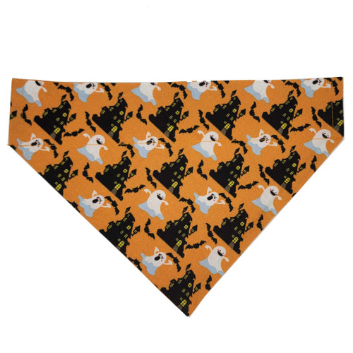 Orange Ghosts over the collar dog bandana, handmade slip-on style no-tie pet accessory.