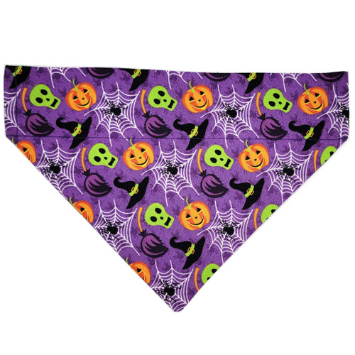 Purple Spider Web over the collar dog bandana, handmade slip-on style no-tie pet accessory.