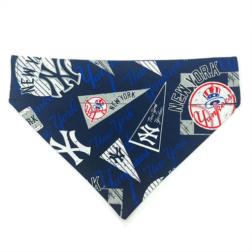 NY Yankees over the collar dog bandana, handmade slip-on style no-tie pet accessory.