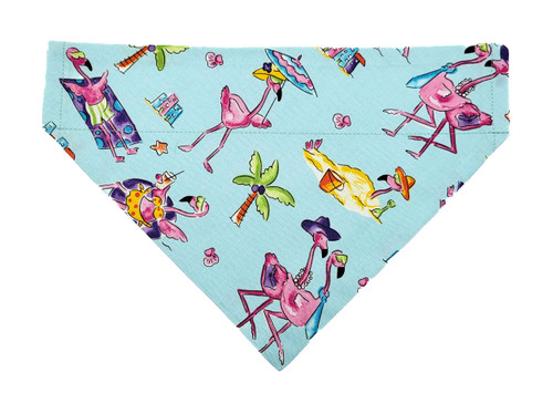 Flamingo and teal over the collar dog bandana, handmade slip-on style no-tie pet accessory.